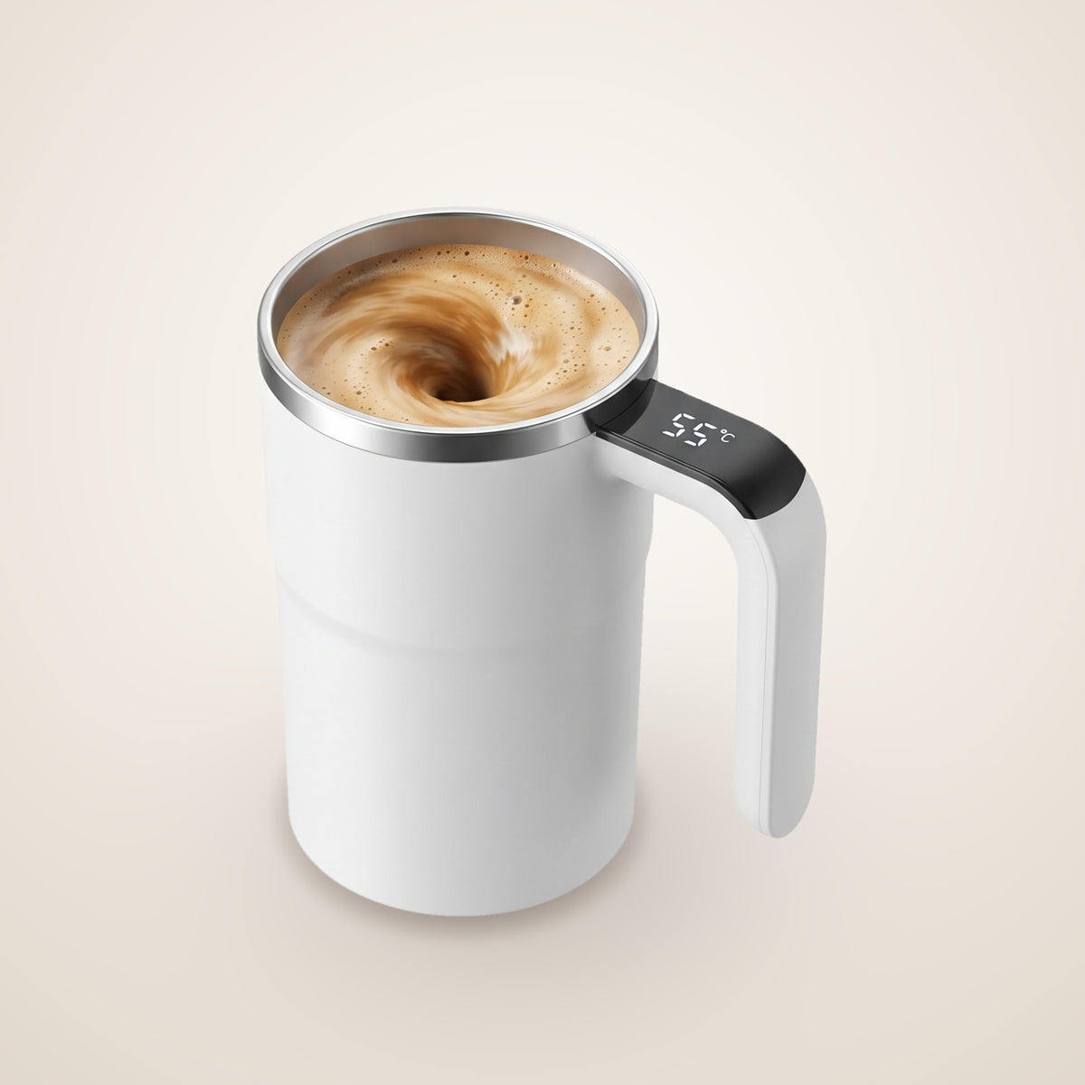 Taza que se remueve sola, blanca con borde cromado y pantalla en el asa