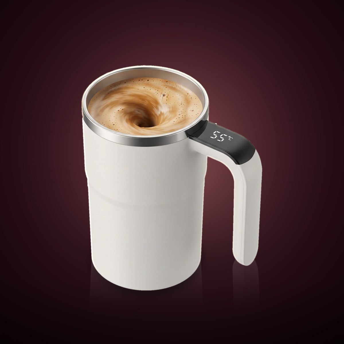 Taza autoagitadora sobre fondo oscuro